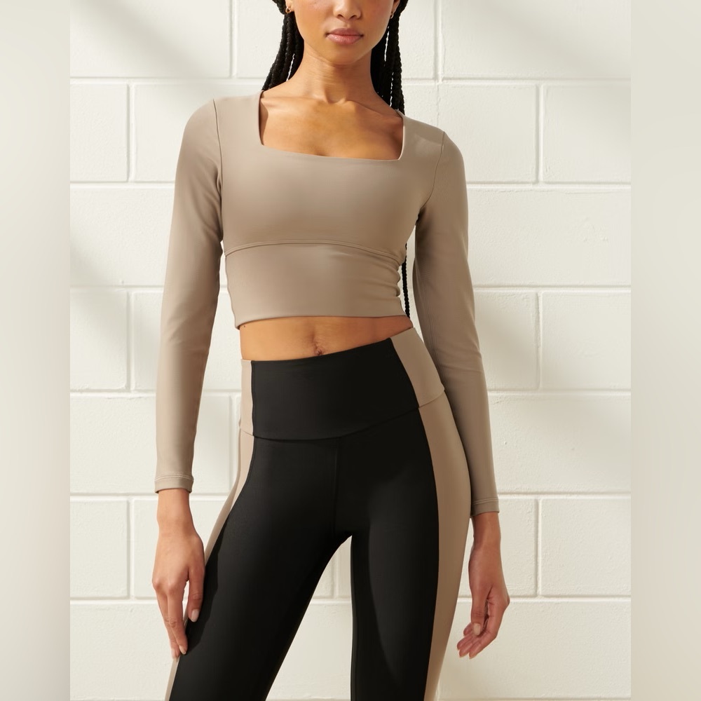 YPB sculptLUX Long-Sleeve Slim Squareneck Top in Taupe